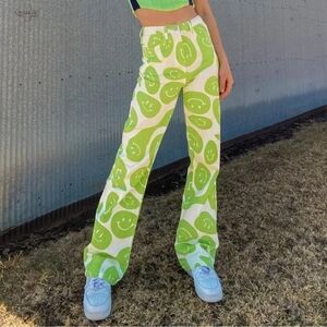 Bailey Rose Printed Green & White Melting Smiley Face Jeans